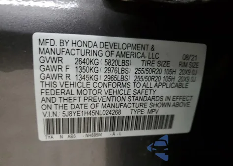 2022 Acura Mdx Technology z USA, uszkodzony, nr VIN 5J8YE1H45NL024268